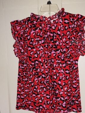 THML Red Pink Leopard Print Ruffle Sleeve Blouse